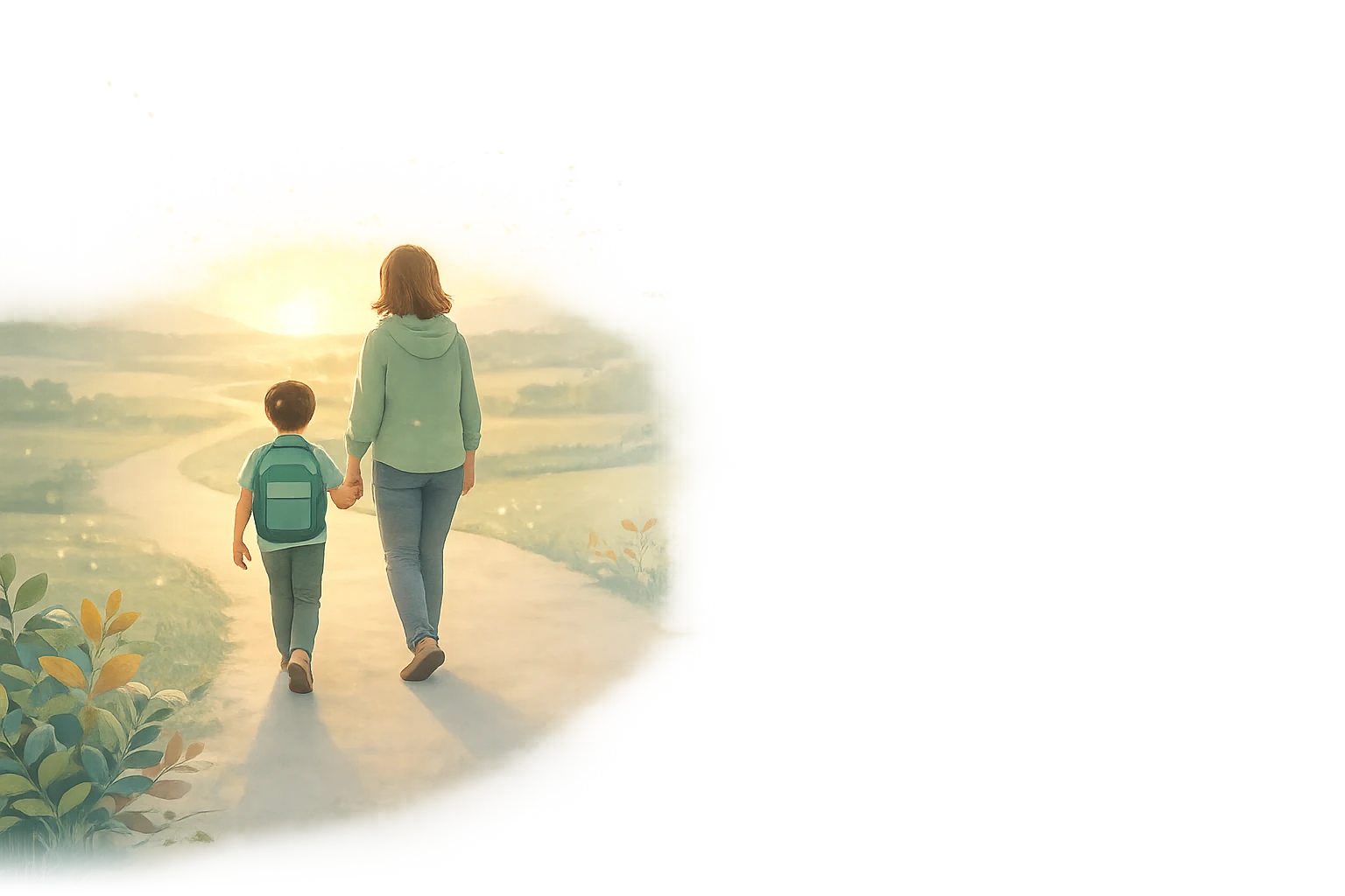 Mutter und Kind gehen gemeinsam einen Weg in der Morgenröte